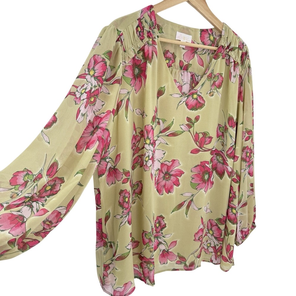 Belle Kim Gravel Plus Size Sheer Chiffon Overlay Blouson Blossom Blouse Sage 3x - Picture 4 of 9